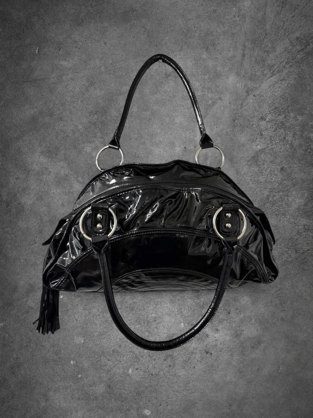Y2K Style Black Leather Silver Ring Shoulder Bag
